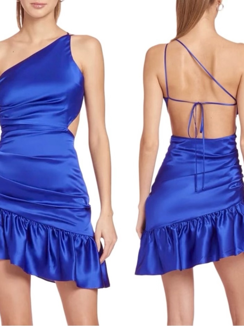 Amanda Uprichard Cobalt One-Shoulder Satin Mini Dress with Ruffle Hem